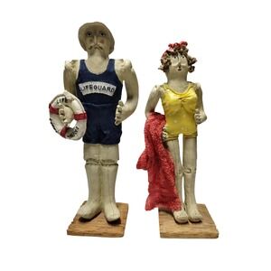 Primitive Folk Art Beach Couple Figurines 12" Coastal Decor Set Pair